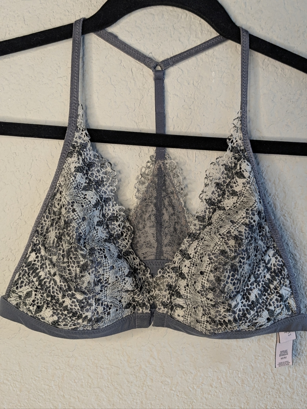 Victoria's Secret Lace Bralette Gray Cream M Unlined Front Clasp T Strap